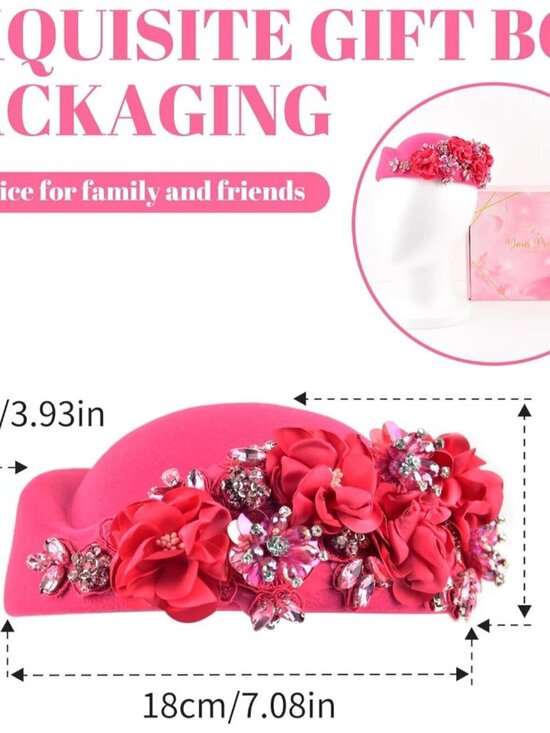 Women\'s British Felt hat Church Derby Headdress Floral Beret hat Rose Red